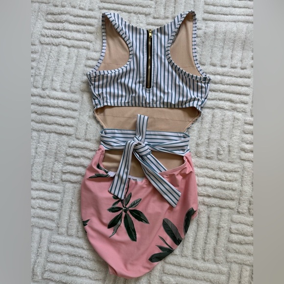 Albion Island Fever One Piece Swimsuit - Blue / White Stripe & Pink Floral - Picture 2 of 10